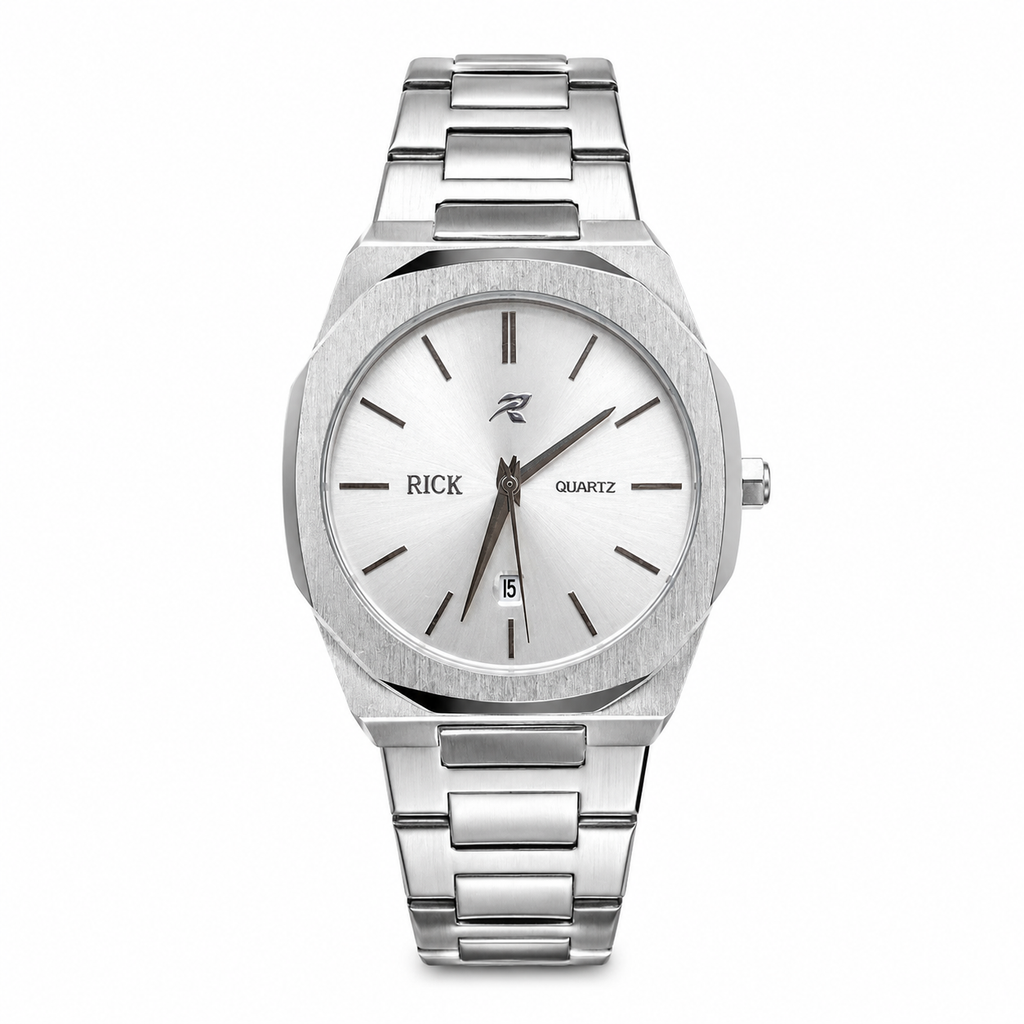 RICK Minimalist Quartz Watch – Silver Stainless Steel Bracelet & Sunburst Silver Dial