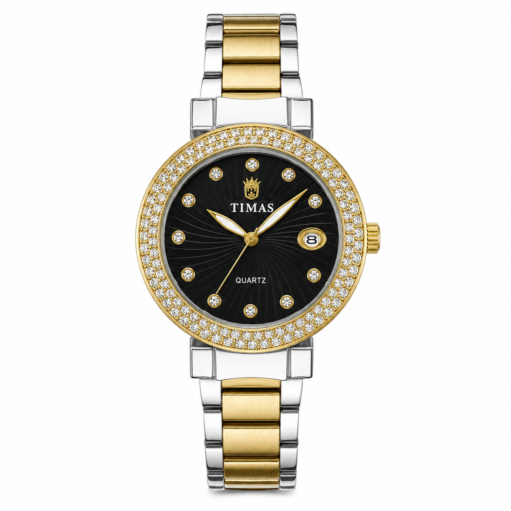 Luxury Women's Two-Tone Quartz Watch with Black Sunburst Dial, Crystal Bezel & Date Display