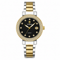Luxury Women's Two-Tone Quartz Watch with Black Sunburst Dial, Crystal Bezel & Date Display
