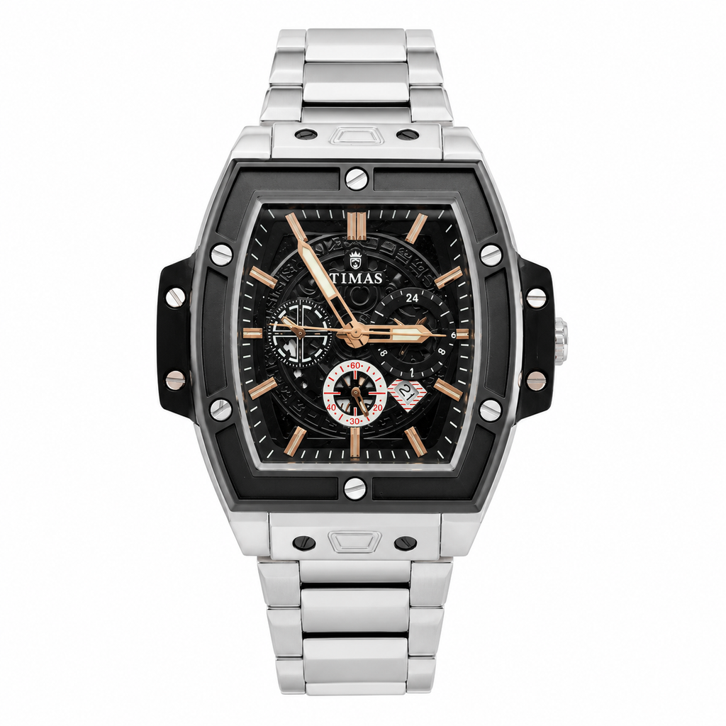 TIMAS Luxury Skeleton Quartz Men's Stainless Steel Watch – Black & Rose Gold Dial