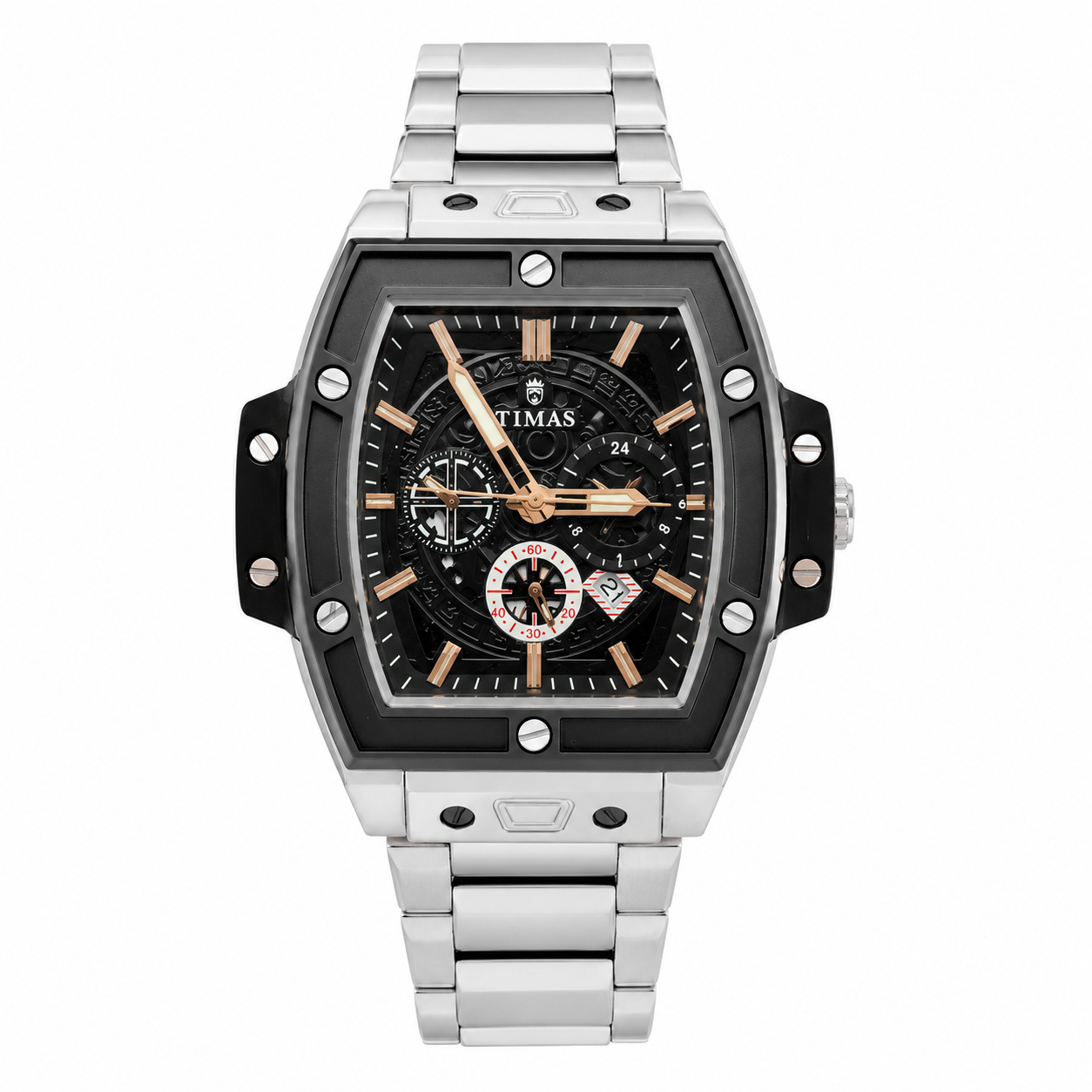TIMAS Luxury Skeleton Quartz Men's Stainless Steel Watch – Black & Rose Gold Dial
