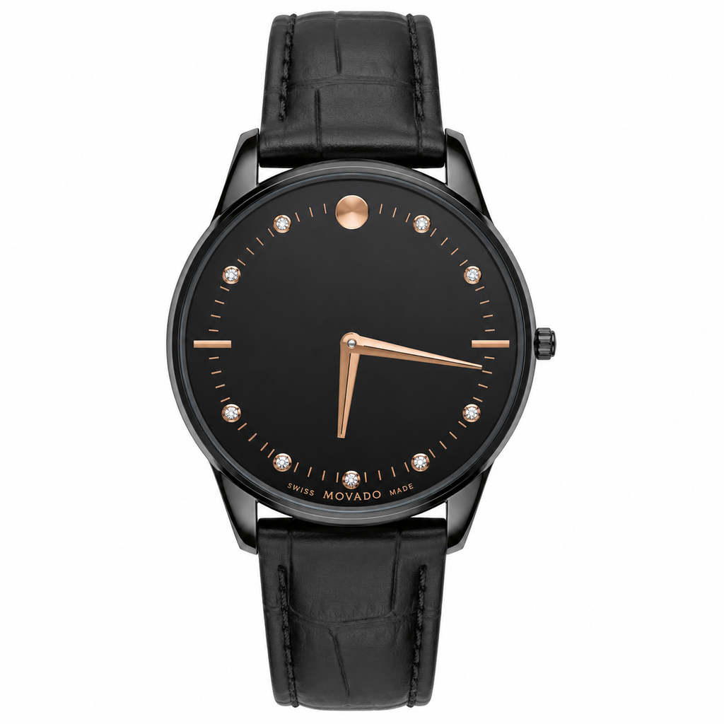 Minimalist Black Men's Dress Watch – Black Leather Strap & Rose Gold Accents | Luxury Analog Wristwatch