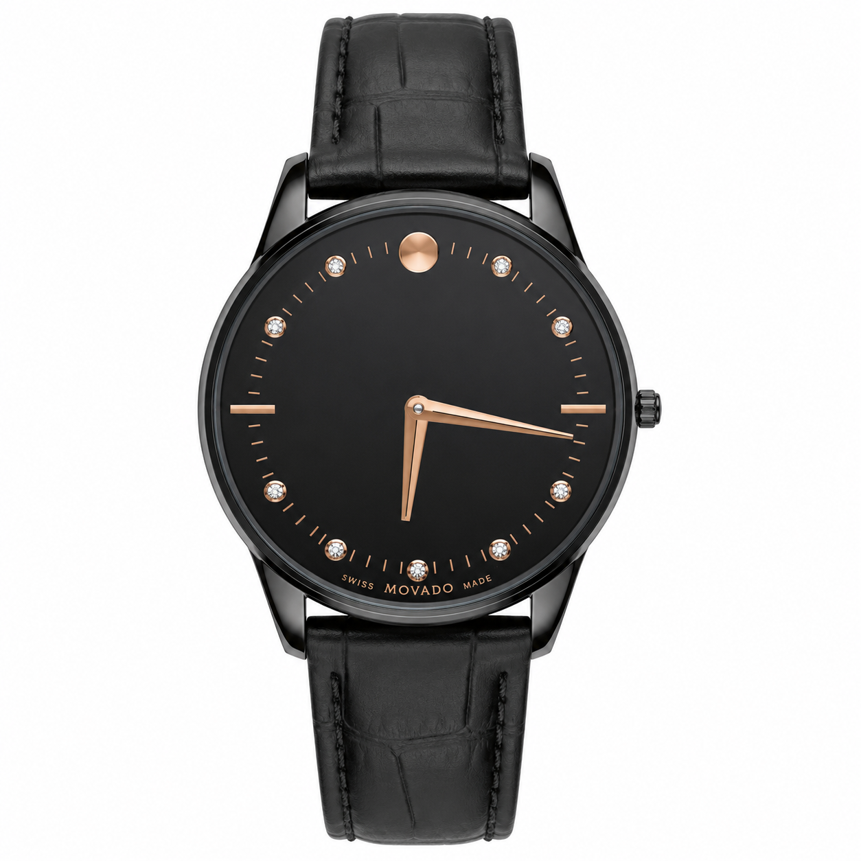 Minimalist Black Men's Dress Watch – Black Leather Strap & Rose Gold Accents | Luxury Analog Wristwatch