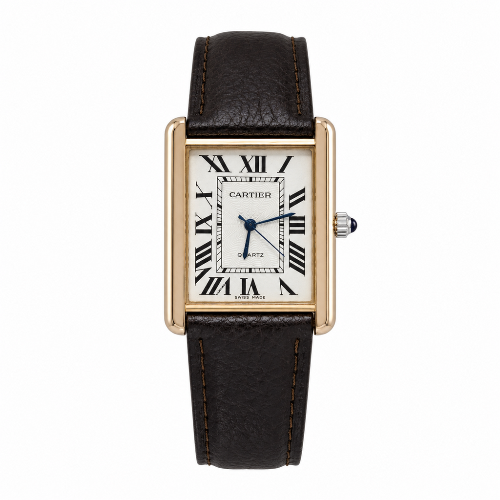 Luxury Rectangular Quartz Watch – Gold-Tone Case with Brown Leather Strap