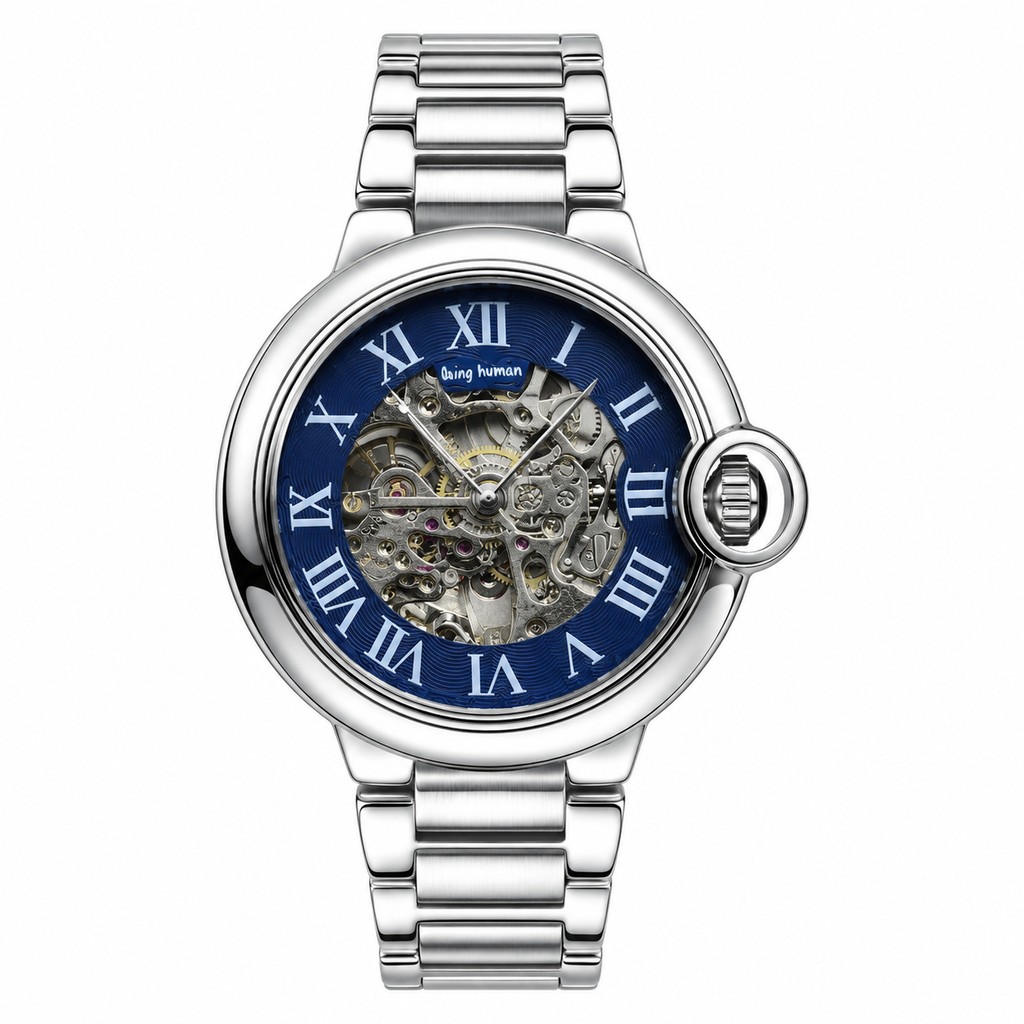 Luxury Skeleton Automatic Men's Stainless Steel Watch – Blue Roman Dial | Mechanical Wristwatch