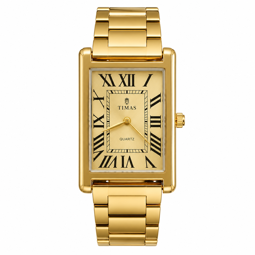 TIMAS Gold Rectangular Quartz Watch for Men – Roman Numeral Dial with Stainless Steel Bracelet