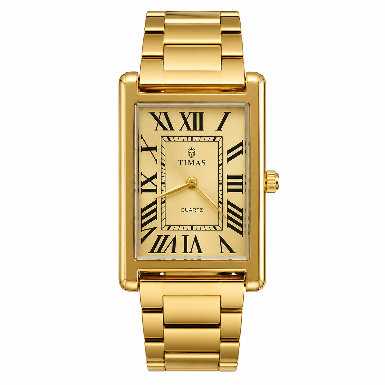 TIMAS Gold Rectangular Quartz Watch for Men – Roman Numeral Dial with Stainless Steel Bracelet