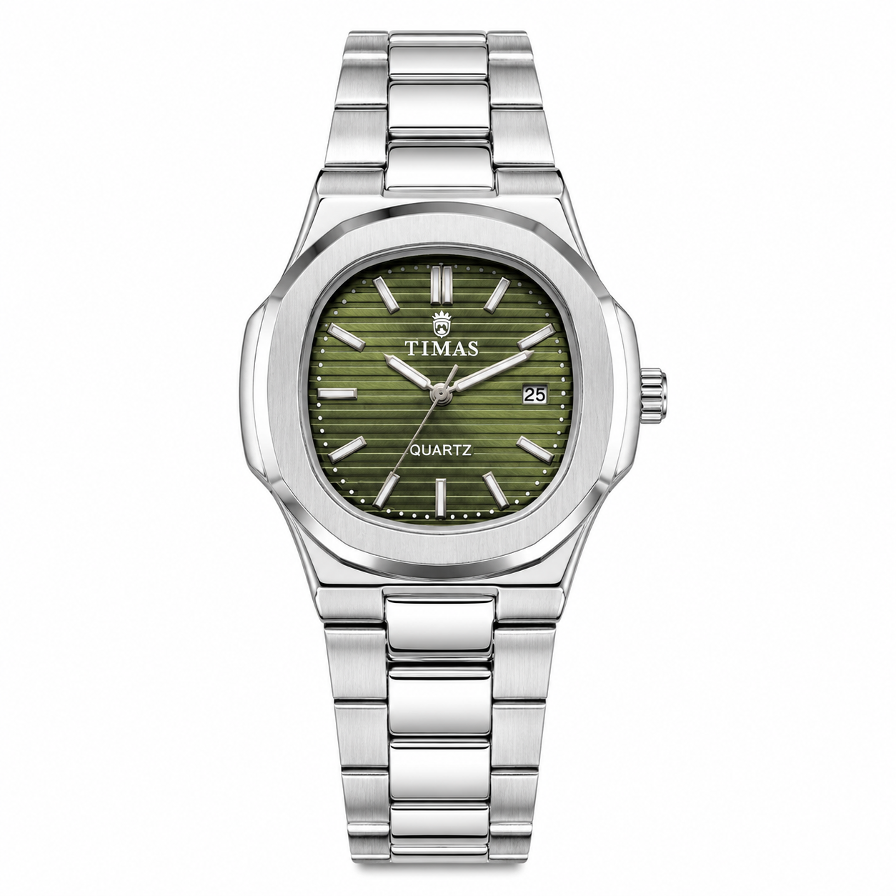 Elegant Women's Silver Quartz Watch with Green Dial & Date Display | Stainless Steel Bracelet