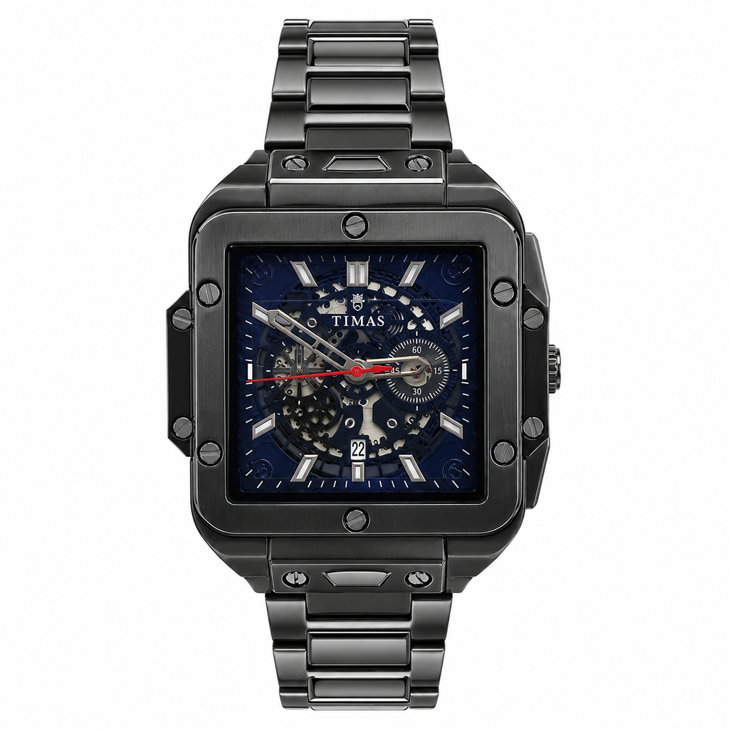 TIMAS Skeleton Square Dial Black Stainless Steel Men's Watch