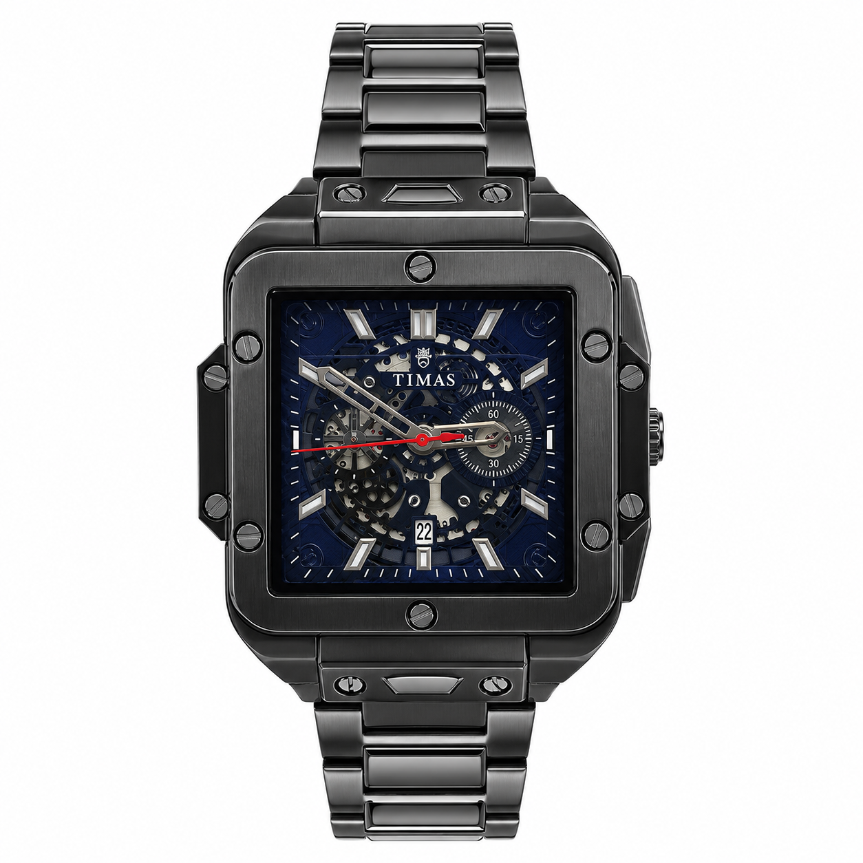 TIMAS Skeleton Square Dial Black Stainless Steel Men's Watch