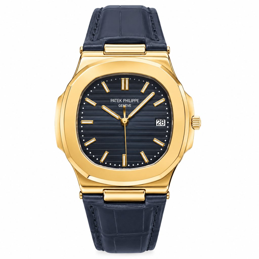 Patek Philippe Nautilus Blue Dial 18K Gold Leather Strap Men's Watch