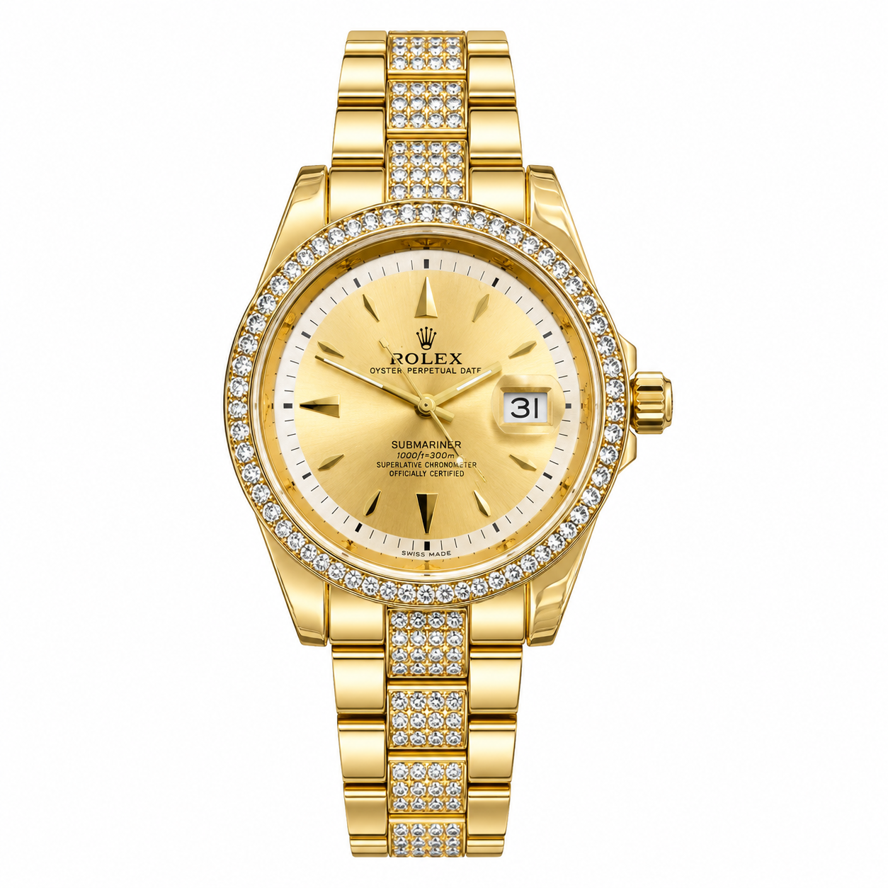 Luxury Gold Crystal Quartz Watch – Gold Stainless Steel Bracelet with Diamond-Style Bezel