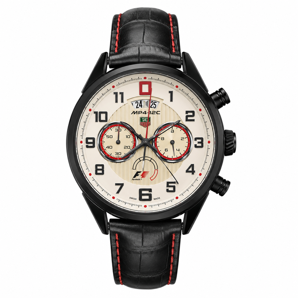 Luxury Formula Racing Style Chronograph Watch – Black Leather Strap & Ivory Dial