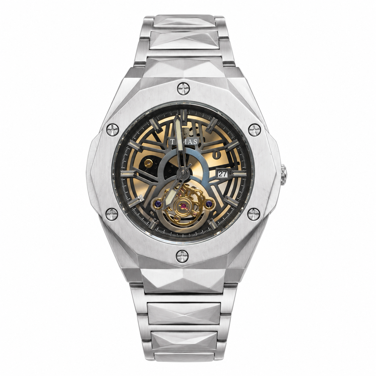 TIMAS Luxury Automatic Skeleton Watch – Stainless Steel Bracelet & Silver Case