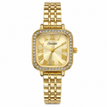 Luxury Women's Gold Square Quartz Watch with Crystal Bezel & Roman Numeral Dial