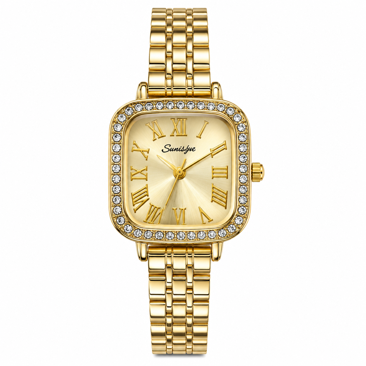 Luxury Women's Gold Square Quartz Watch with Crystal Bezel & Roman Numeral Dial