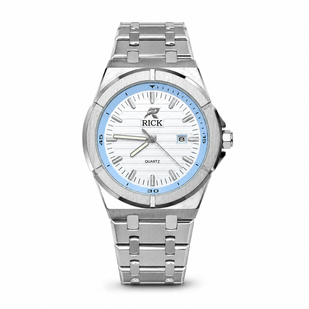 RICK Classic Quartz Watch – Stainless Steel Bracelet with White Textured Dial