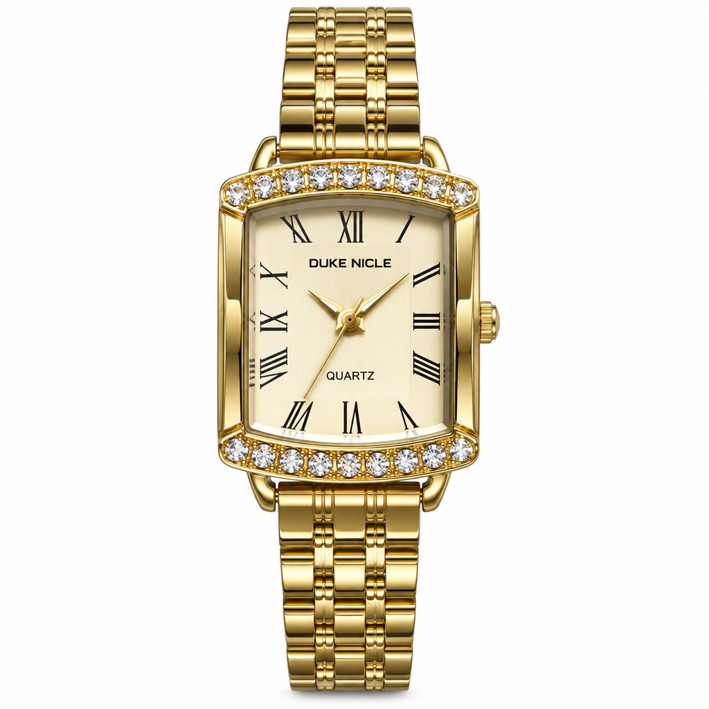 Elegant Women's Gold Rectangular Quartz Watch with Crystal Accents & Roman Numeral Dial
