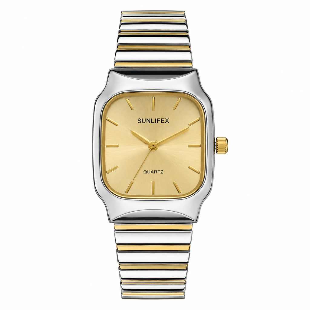 Minimalist Women's Two-Tone Square Quartz Watch | Gold Dial & Stainless Steel Stretch Bracelet