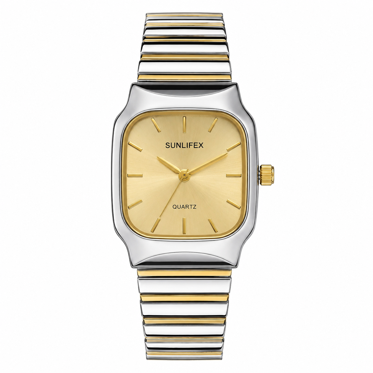 Minimalist Women's Two-Tone Square Quartz Watch | Gold Dial & Stainless Steel Stretch Bracelet
