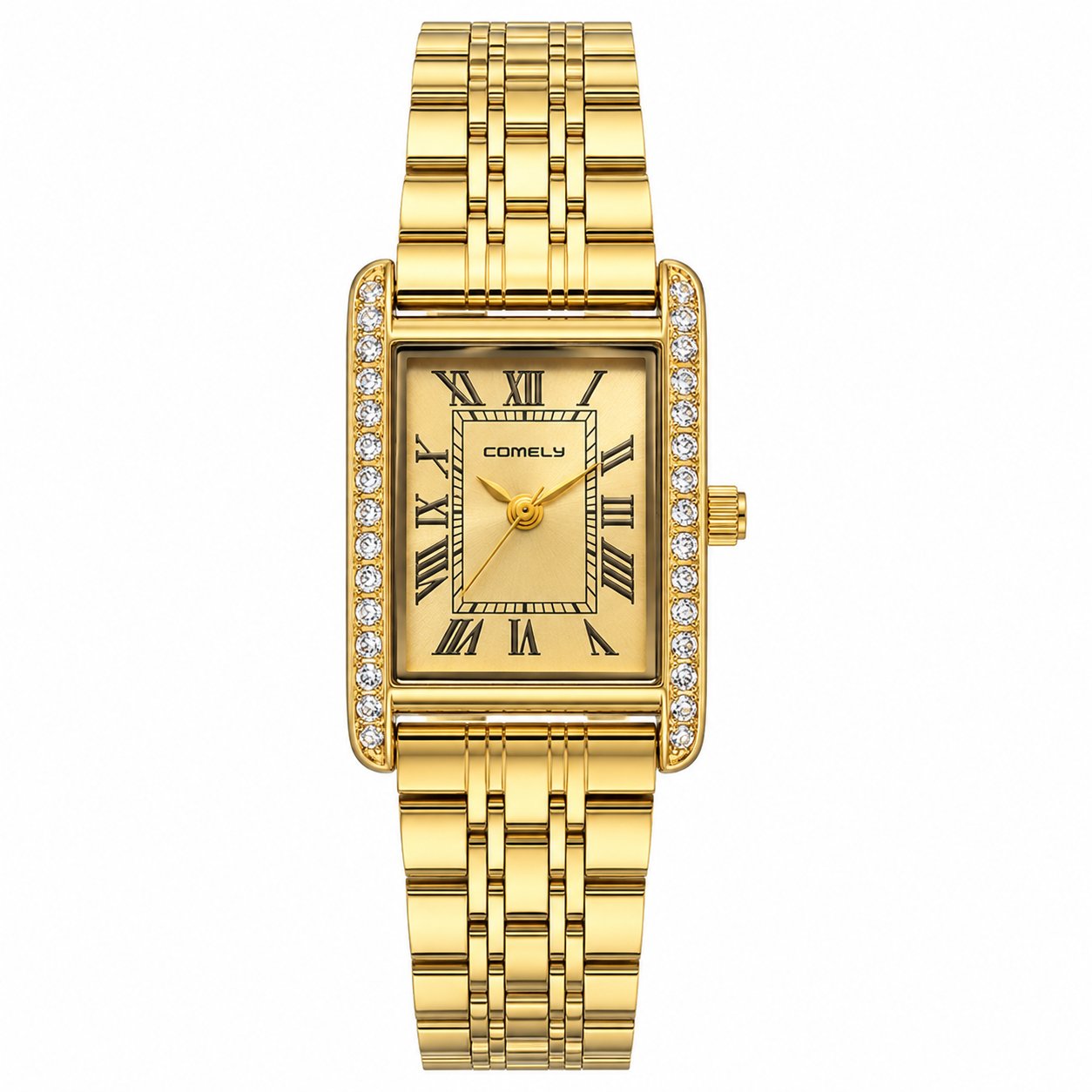 Elegant Women's Gold Rectangular Quartz Watch with Crystal Bezel & Roman Numeral Dial
