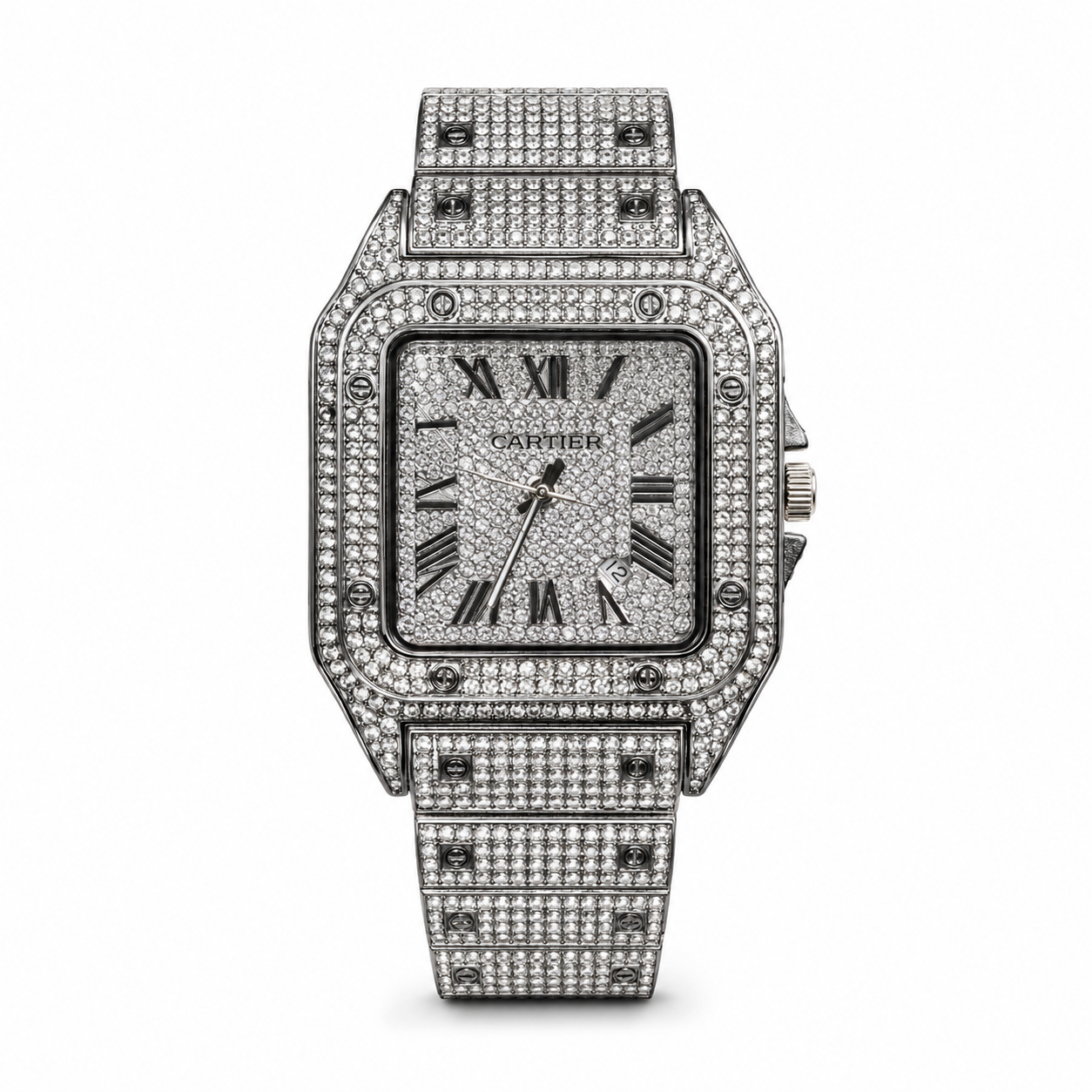 Luxury Iced-Out Square Watch – Full Crystal Stainless Steel Bracelet & Silver Dial