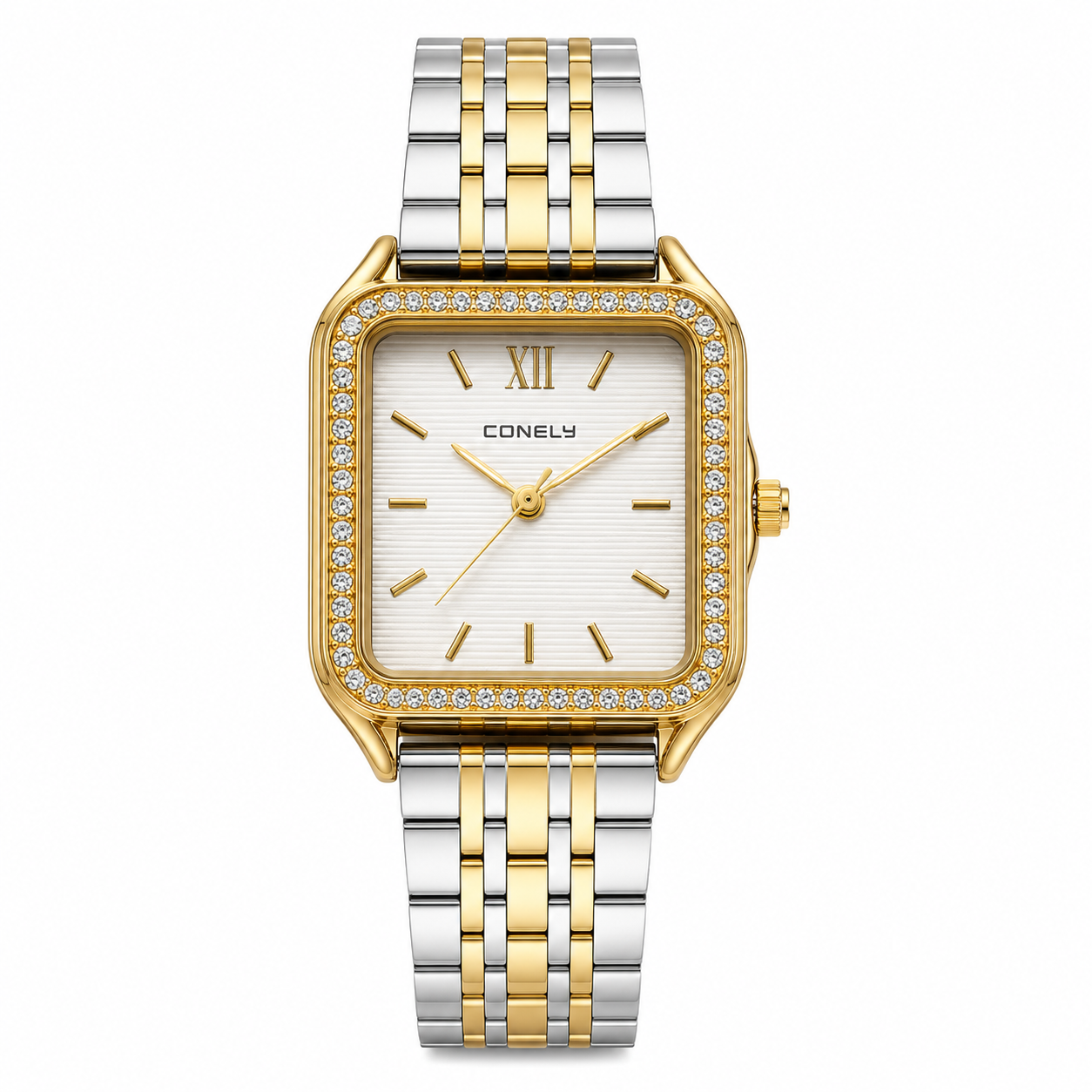 Elegant Women's Two-Tone Square Quartz Watch with Crystal Bezel | Gold & Silver Stainless Steel