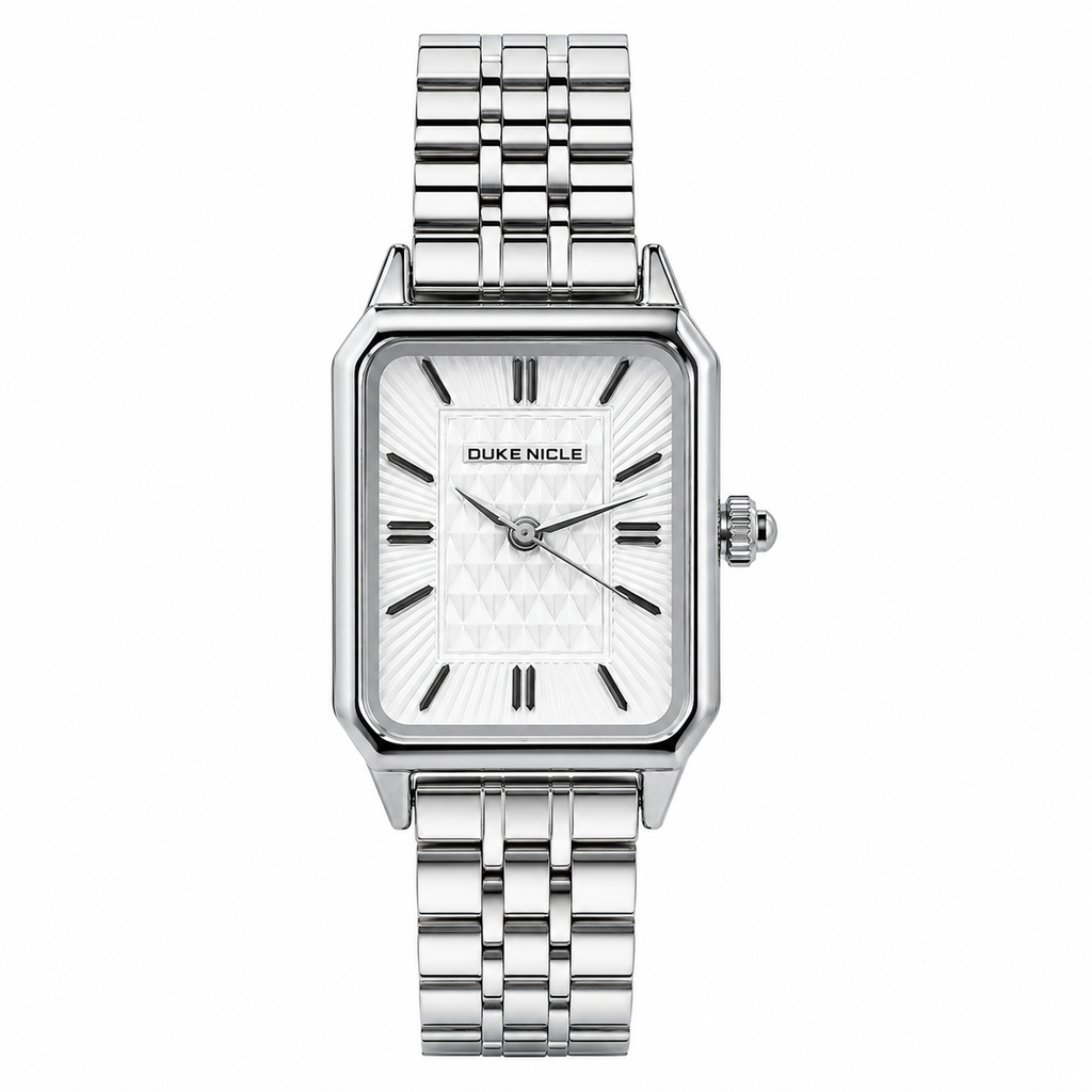 Elegant Women's Silver Rectangular Quartz Watch with Textured Dial | Stainless Steel Bracelet