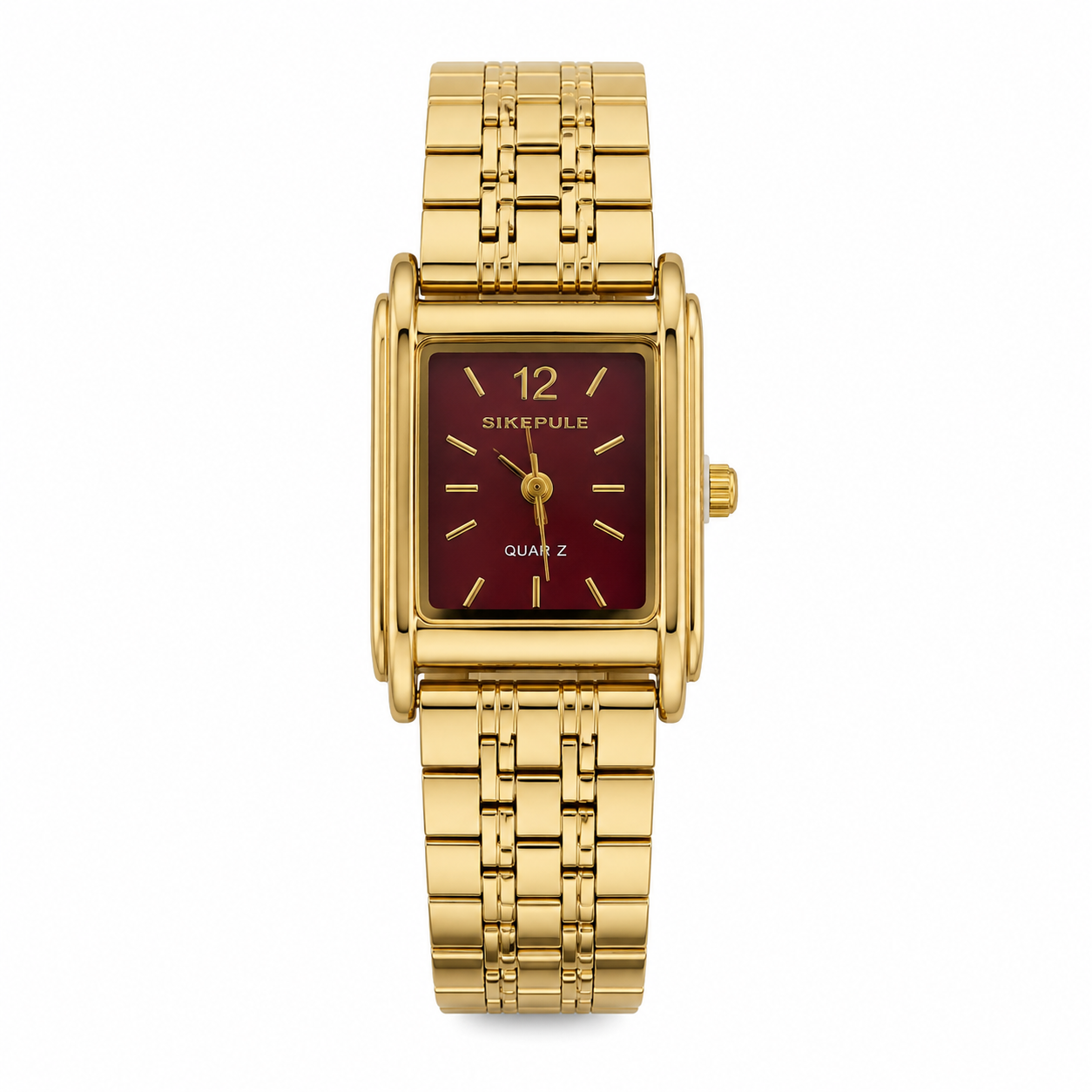 Elegant Women's Gold Rectangle Quartz Watch with Burgundy Dial | Stainless Steel Bracelet