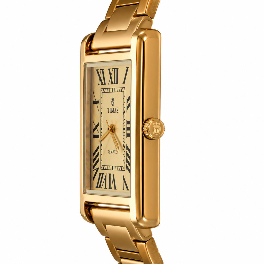 TIMAS Gold Rectangular Quartz Watch for Men – Roman Numeral Dial with Stainless Steel Bracelet