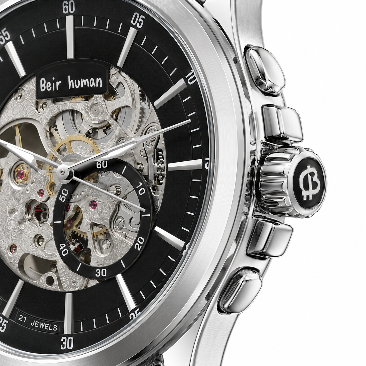 Luxury Automatic Skeleton Watch – Stainless Steel Bracelet & Black Open Dial