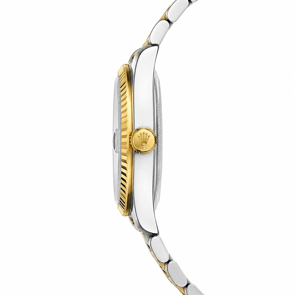 Luxury Women's Two-Tone Quartz Watch with Black Crystal Dial & Date Display | Gold & Silver Stainless Steel
