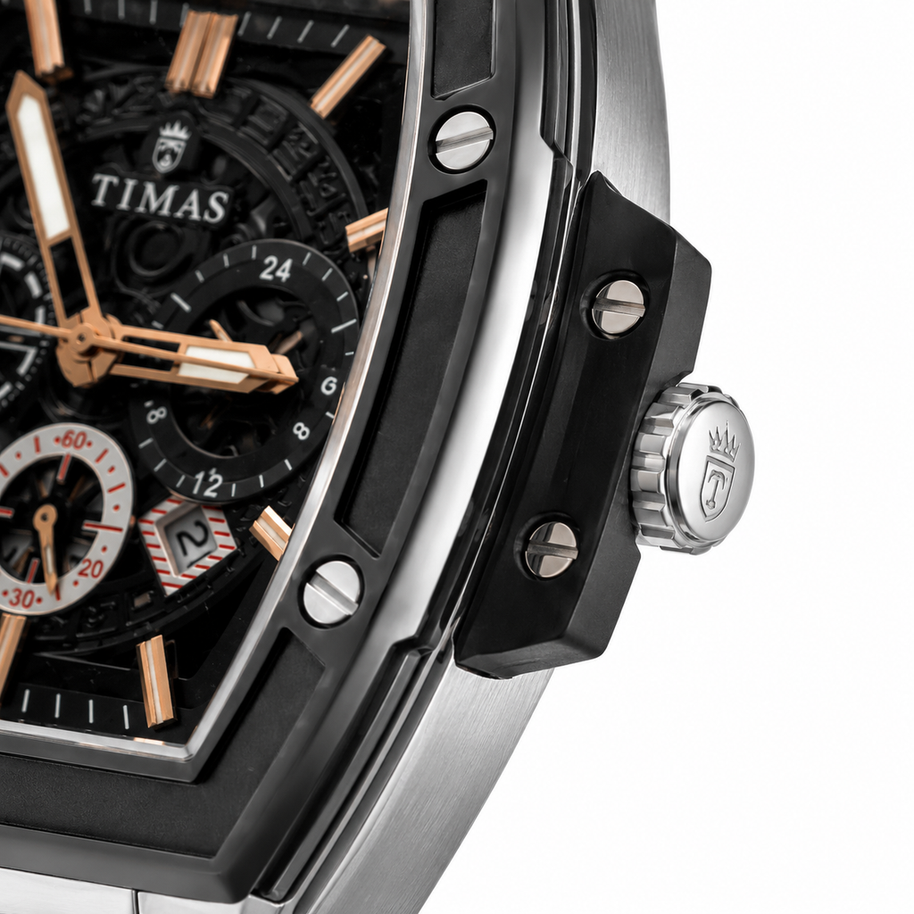 TIMAS Luxury Skeleton Quartz Men's Stainless Steel Watch – Black & Rose Gold Dial
