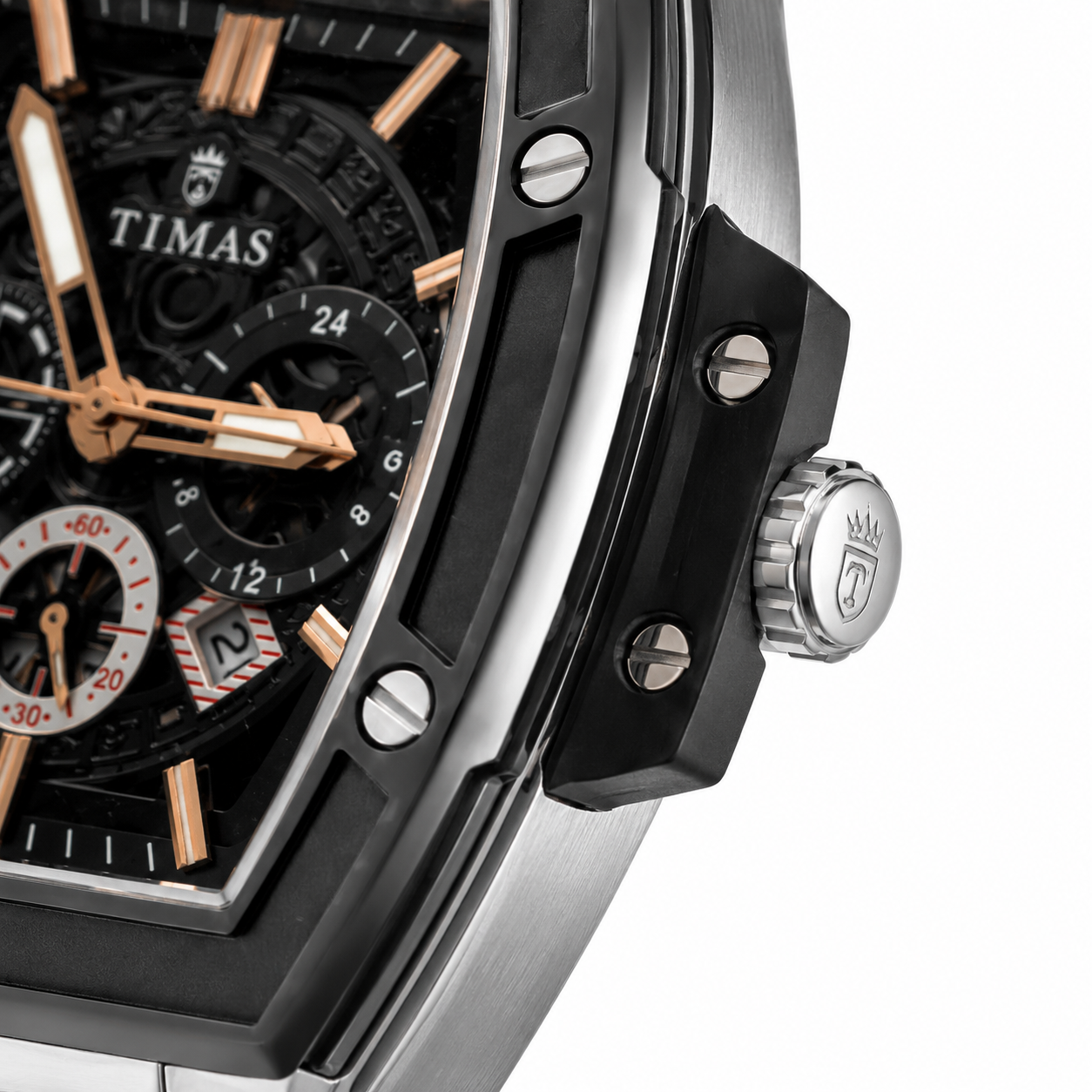 TIMAS Luxury Skeleton Quartz Men's Stainless Steel Watch – Black & Rose Gold Dial