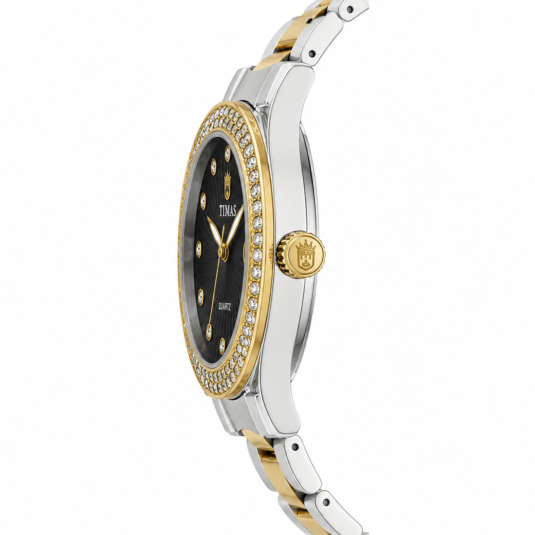 Luxury Women's Two-Tone Quartz Watch with Black Sunburst Dial, Crystal Bezel & Date Display