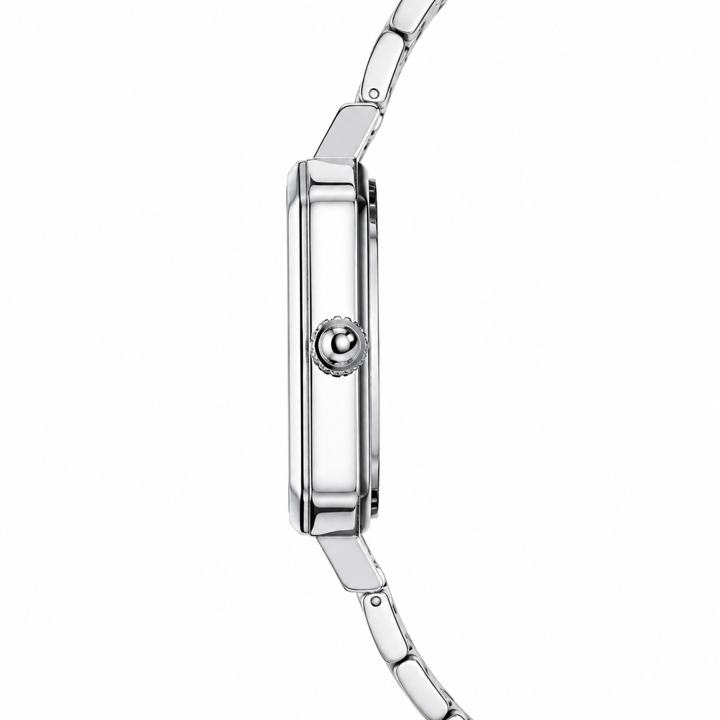 Elegant Women's Silver Rectangular Quartz Watch with Textured Dial | Stainless Steel Bracelet