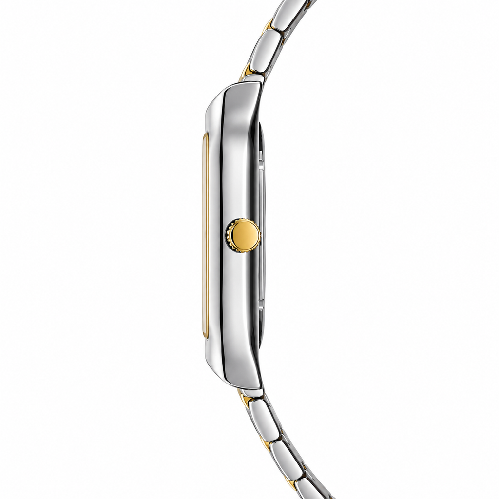Minimalist Women's Two-Tone Square Quartz Watch | Gold Dial & Stainless Steel Stretch Bracelet
