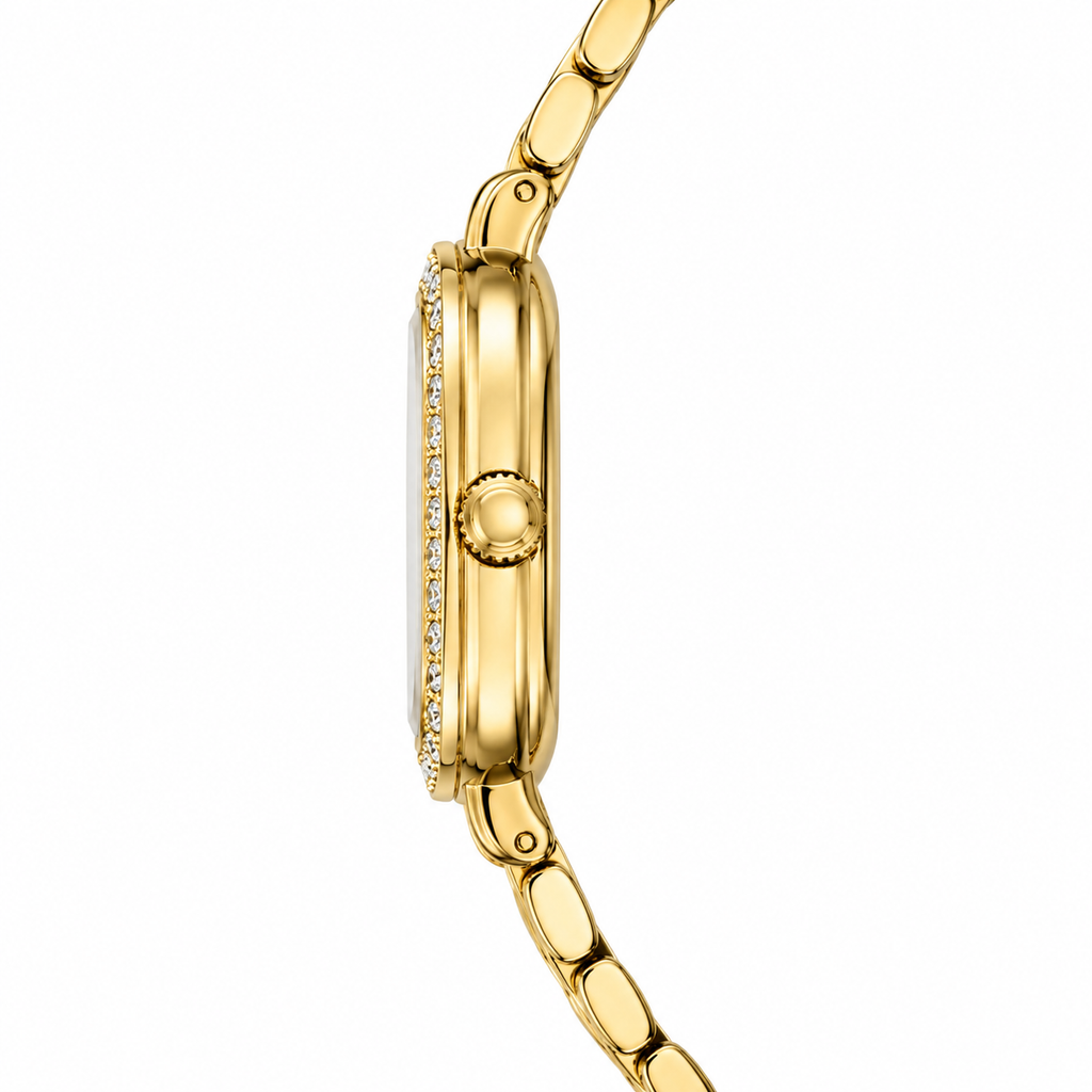 Luxury Women's Gold Square Quartz Watch with Crystal Bezel & Roman Numeral Dial