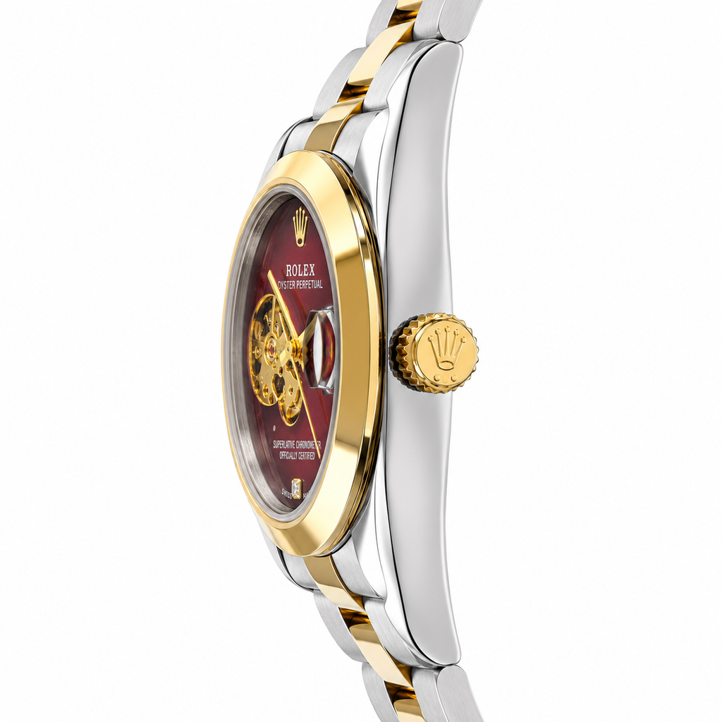 Rolex Oyster Perpetual Red Skeleton Dial Two-Tone Men's Watch