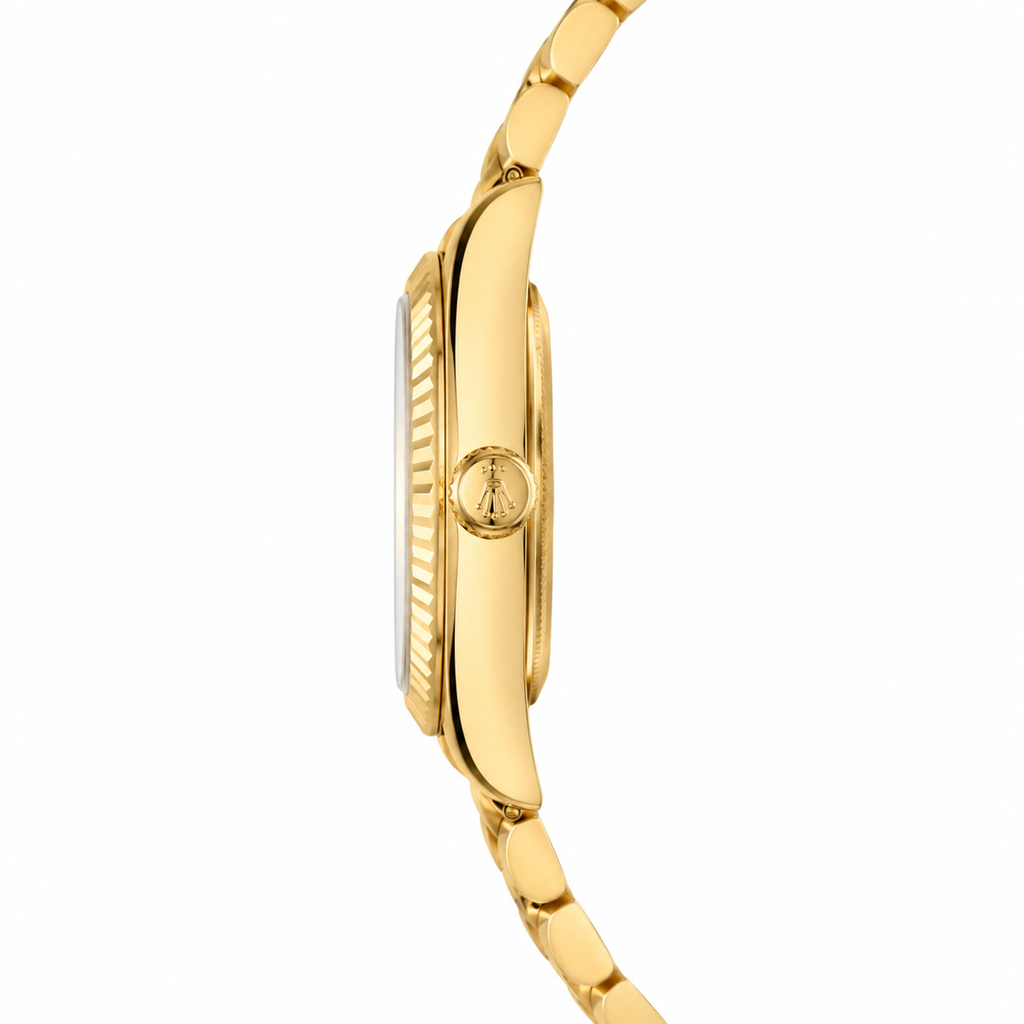 Luxury Women's Gold-Tone Quartz Watch with Black Crystal Dial & Date Display