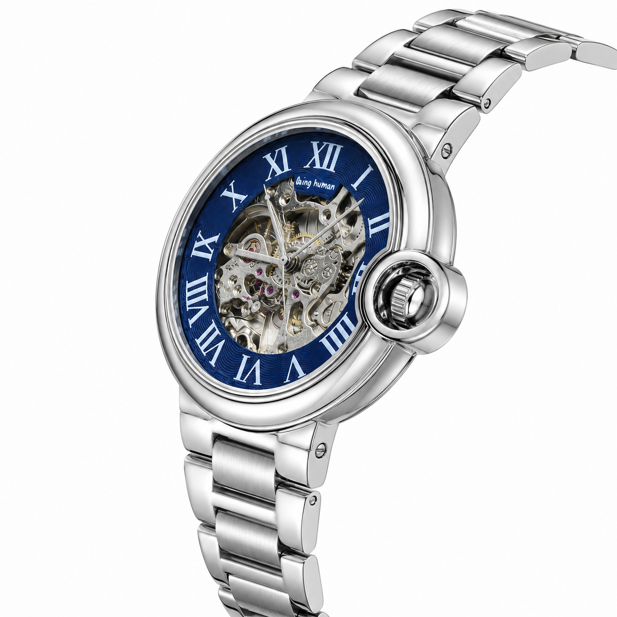 Luxury Skeleton Automatic Men's Stainless Steel Watch – Blue Roman Dial | Mechanical Wristwatch