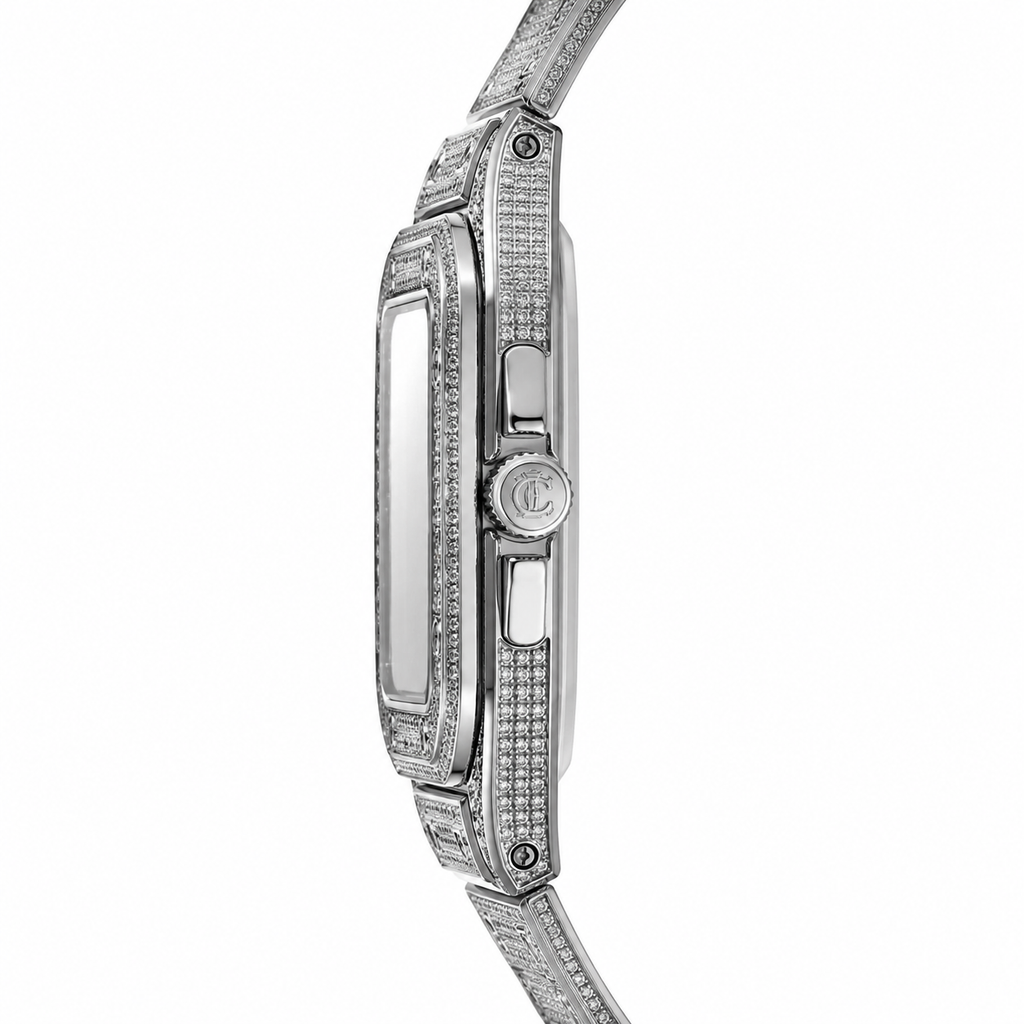 Luxury Iced-Out Square Watch – Full Crystal Stainless Steel Bracelet & Silver Dial