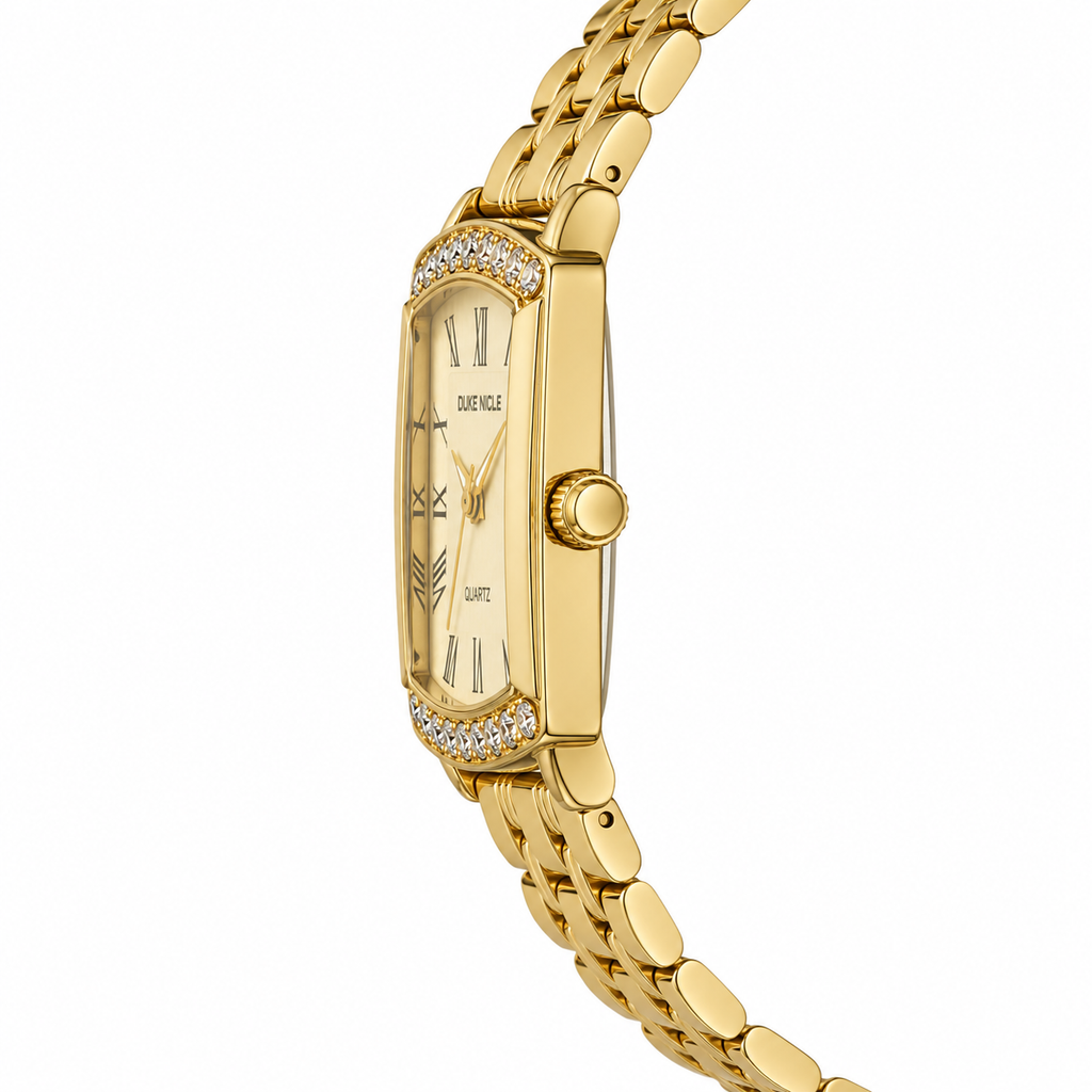 Elegant Women's Gold Rectangular Quartz Watch with Crystal Accents & Roman Numeral Dial