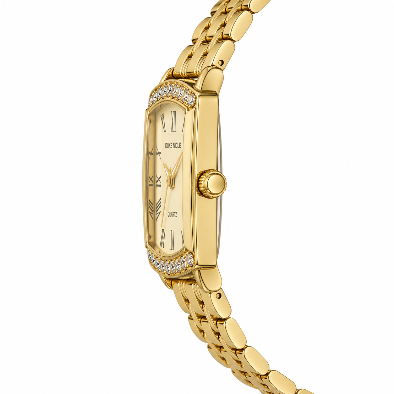 Elegant Women's Gold Rectangular Quartz Watch with Crystal Accents & Roman Numeral Dial