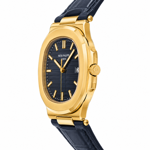 Patek Philippe Nautilus Blue Dial 18K Gold Leather Strap Men's Watch