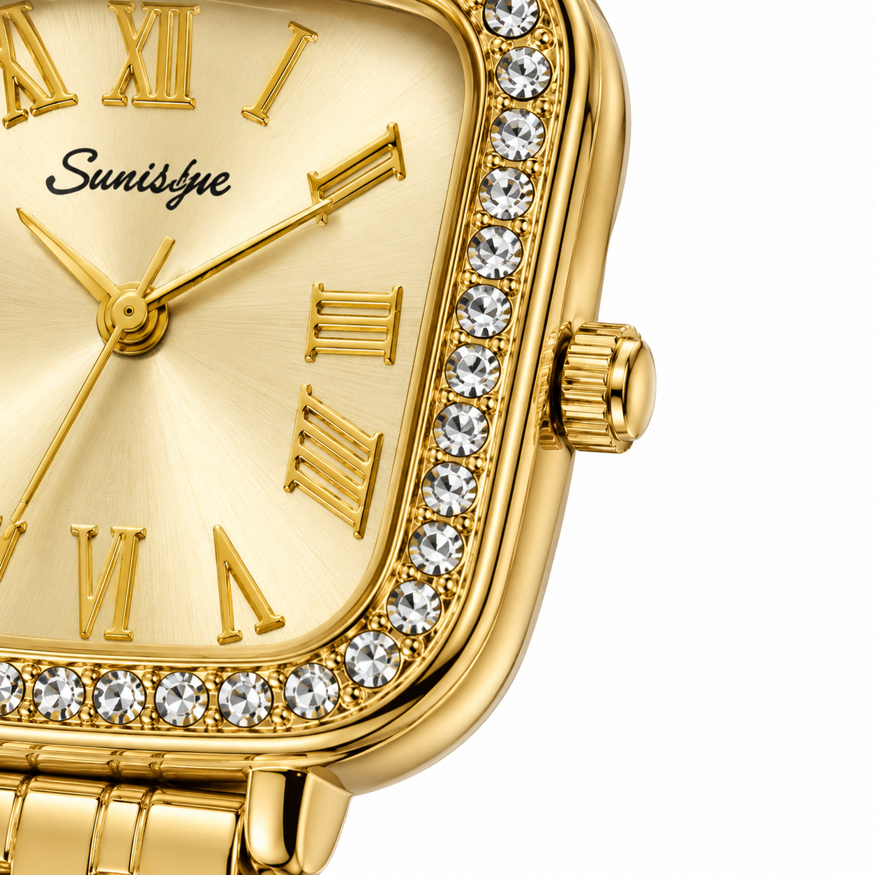 Luxury Women's Gold Square Quartz Watch with Crystal Bezel & Roman Numeral Dial