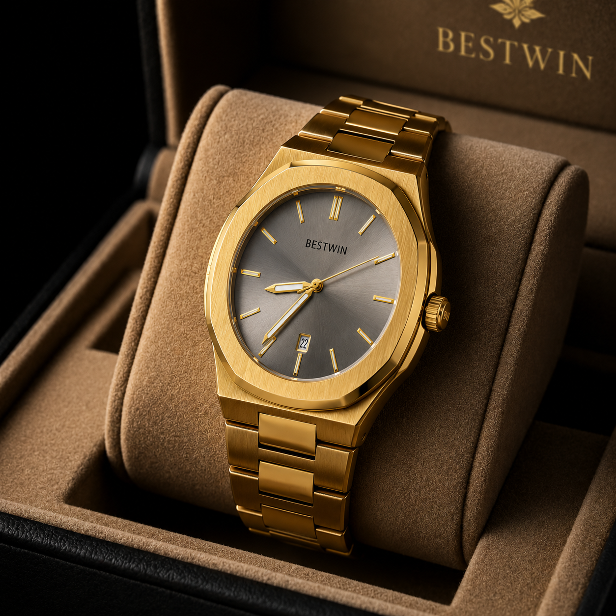 BESTWIN Gold Stainless Steel Grey Dial Men's Watch
