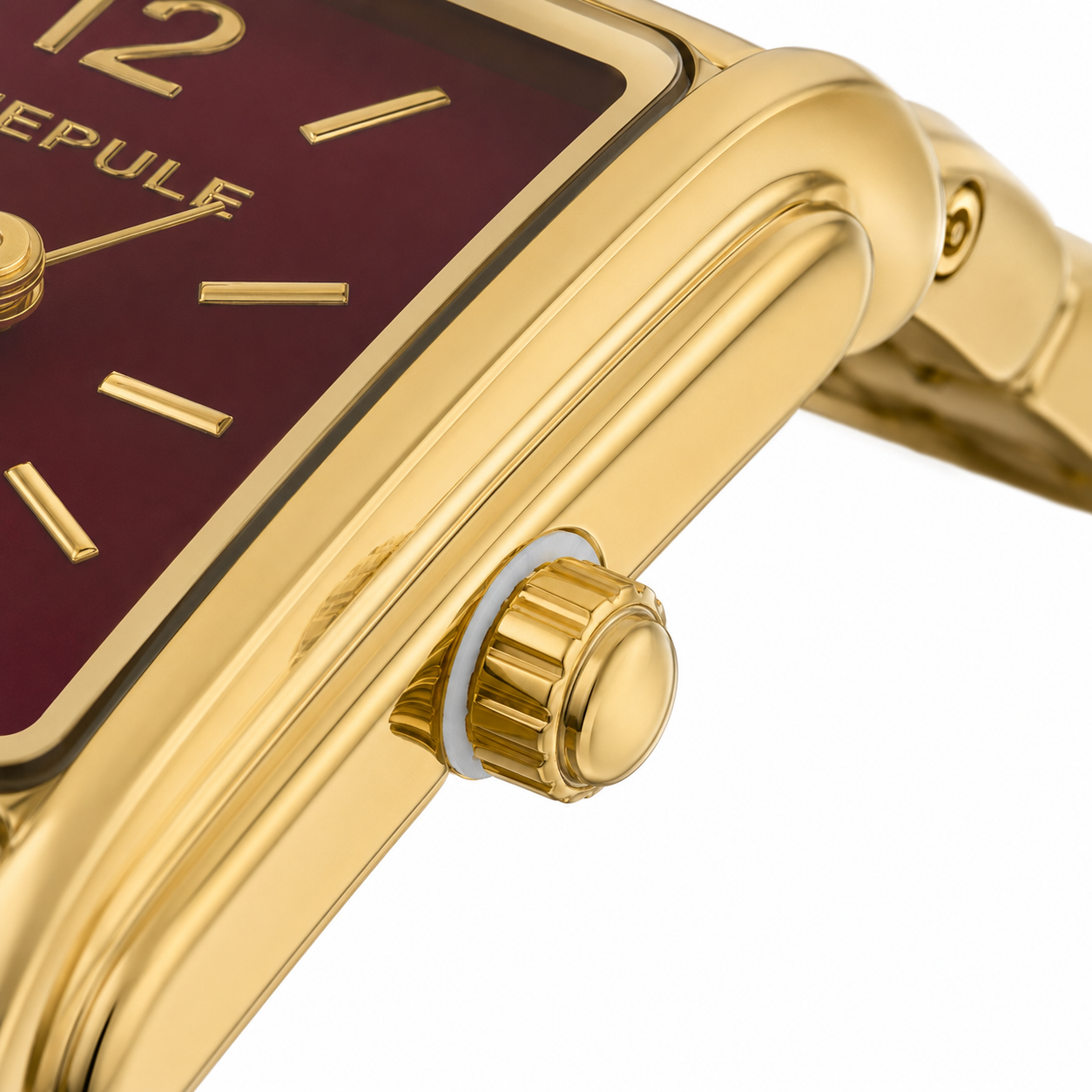 Elegant Women's Gold Rectangle Quartz Watch with Burgundy Dial | Stainless Steel Bracelet