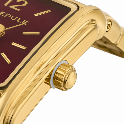 Elegant Women's Gold Rectangle Quartz Watch with Burgundy Dial | Stainless Steel Bracelet