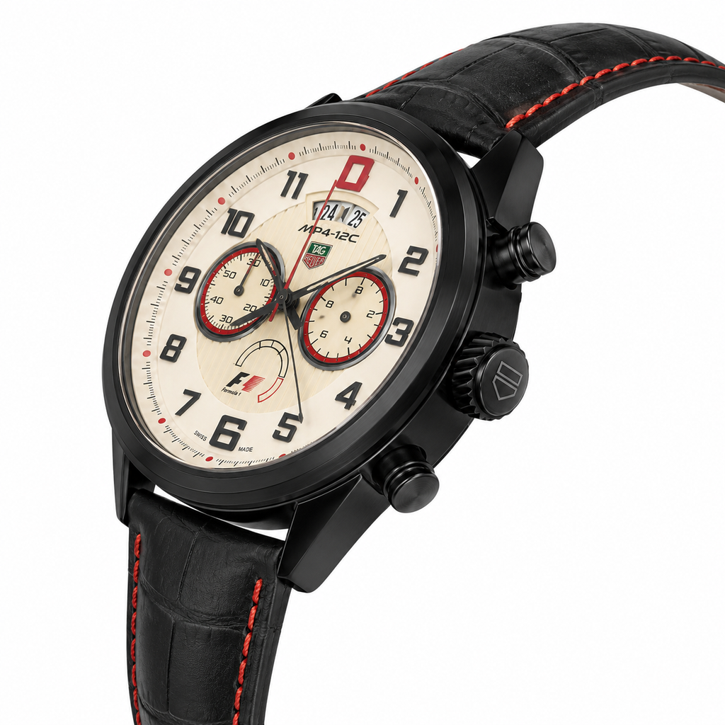 Luxury Formula Racing Style Chronograph Watch – Black Leather Strap & Ivory Dial